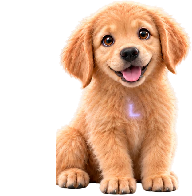 Luckid, a golden robot puppy with a glowing purple L on his chest